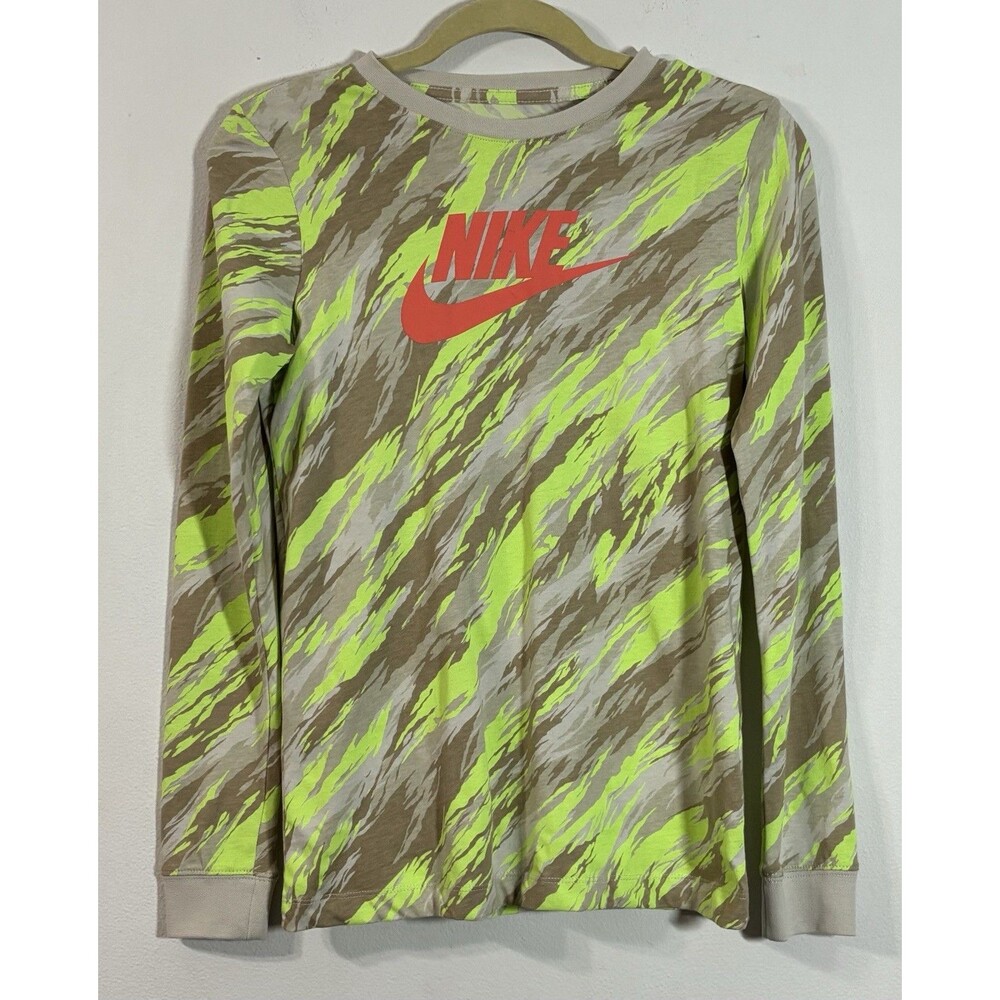 Nike Boys Long Sleeve Shirt Large Camo Tiger Stripe Volt Green DJ6650-072 NWT